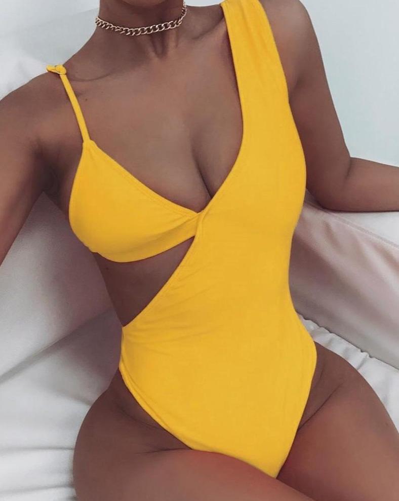 Solid Color Hollow Out Women One-piece Swimsuit S-L OM20669