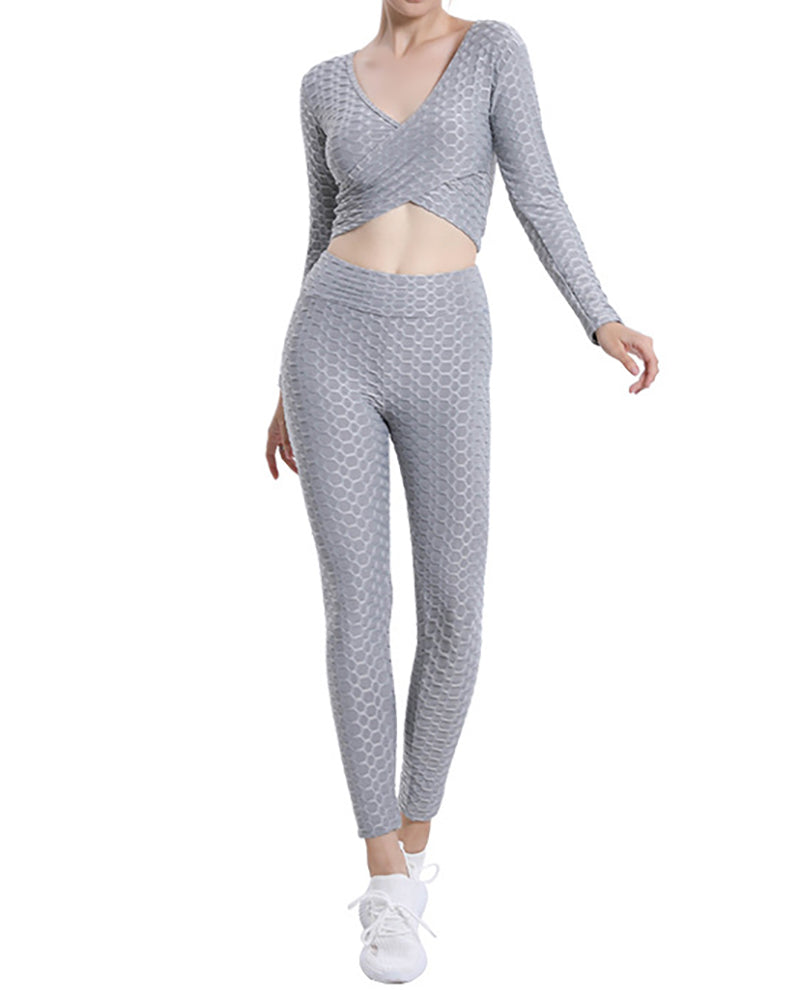 Jacquard Bubble Sexy Cross Long Sleeve Top High Waist Fitness Pants Yoga Suit Set Solid Color S-XXL Pants Sets