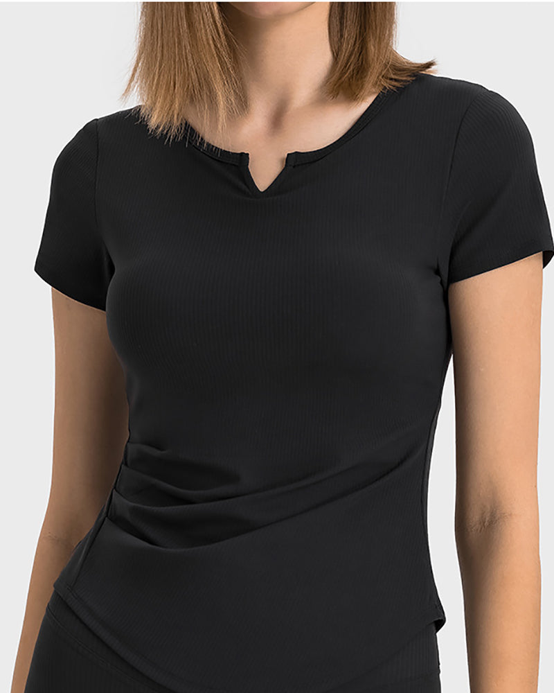 Women V-Neck Ruched Solid Color Short Sleeve Slim Yoga Tops 4-12