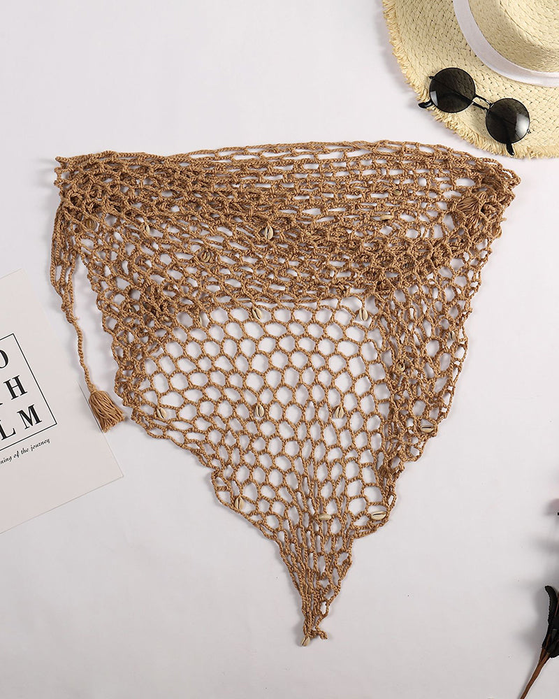 Summer New Crochet Bikini Hand-woven Beach Triangle Shawl Sexy Fishnet Shell Sunscreen Beach Cover UP OM25968