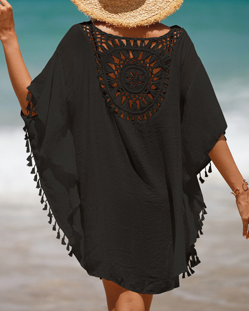 Sexy Loose Crochet Tassels Beach Dresses Cover Ups White Apricot Black Blue Rosy One Size