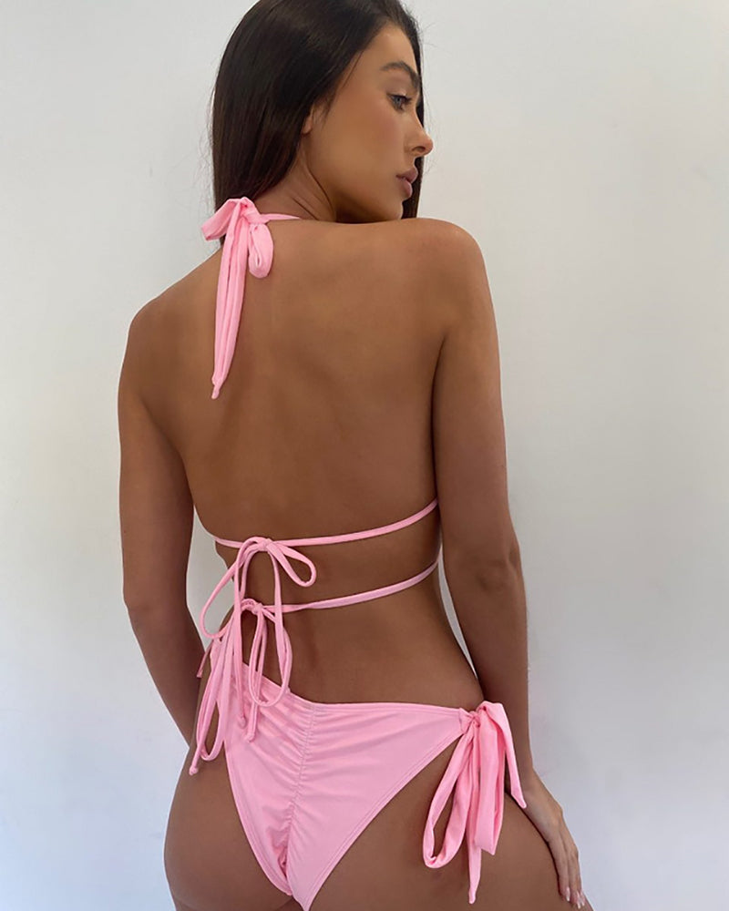 Lady Tie Side String Triangle Two Piece Swimwear Pink Red Blue Orange S-L YY10350