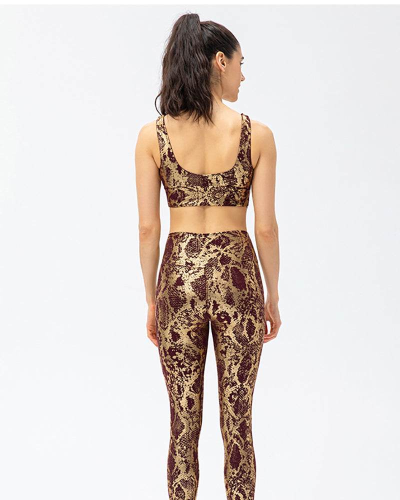 Hot Sale Women Snake Printed U Neck Bra Slim Tights Yoga Two-piece Sets Black White Deep Blue Brown S-2XL Pants sets
