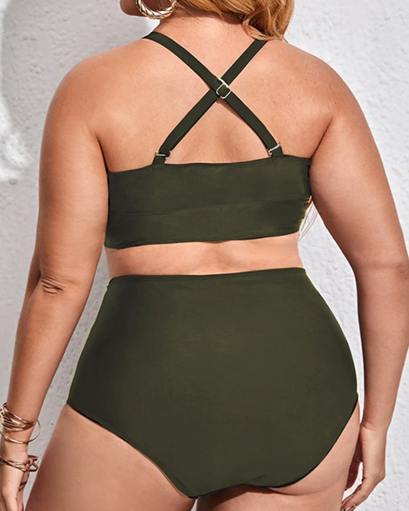 V-neck High Waist Bikini Women Plus Size Swimwear Green Black L-4XL