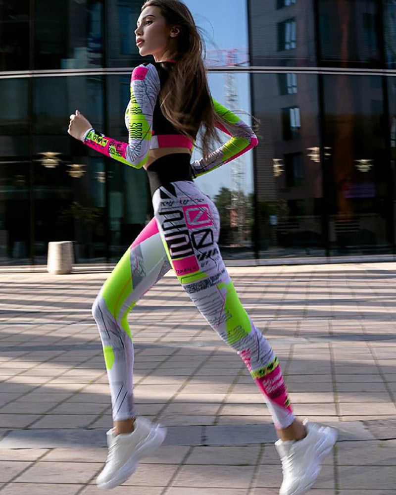 Graffiti Printed Colorblock Long Sleeve Sports Pants Running Sets White S-XL