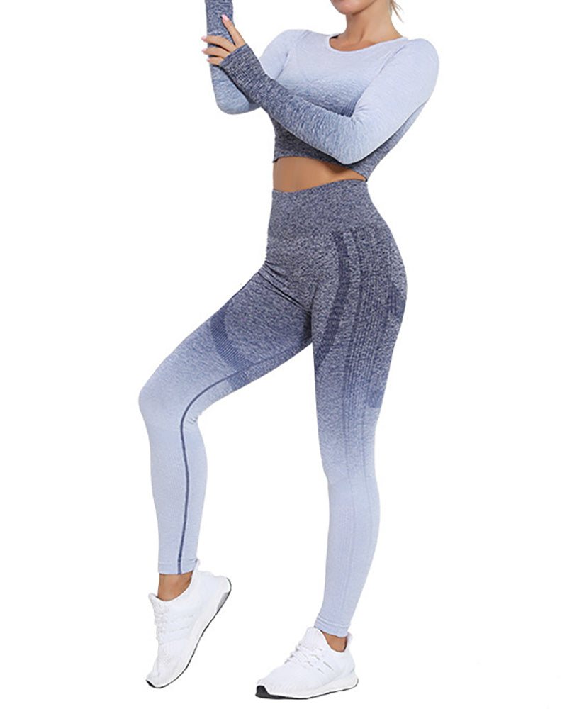 New Women Long Sleeve Gradient Sports Yoga Fitness Two-piece Sets S-L Pants Sets