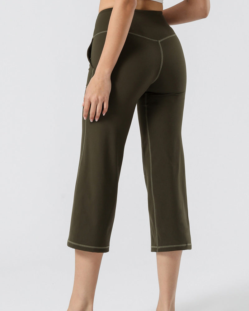 Summer New High Waist Pocket Wide Leg Yoga Cropped Straight Pants Solid Color S-XL