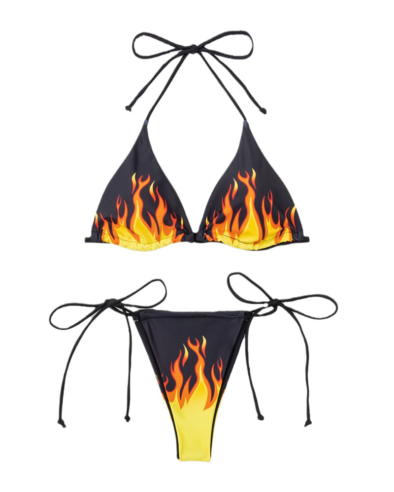 Sexy Tie Side String Halter Neck Fire Printed Women Beach Bikinis Two-piece Swimsuit Black White S-XL