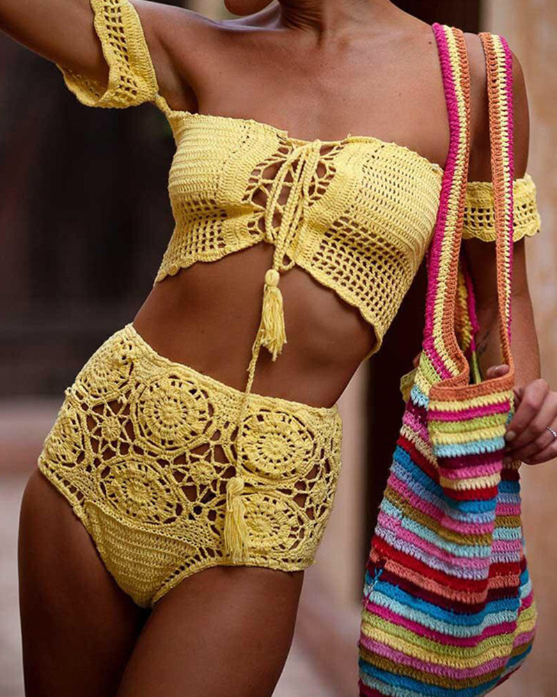 Crochet High Leg Bandeau Bikini Set Swimwear Female Two Pieces Swimsuit High Waist Bikini Women Bathing Suit Biquini 2019 New OM25940