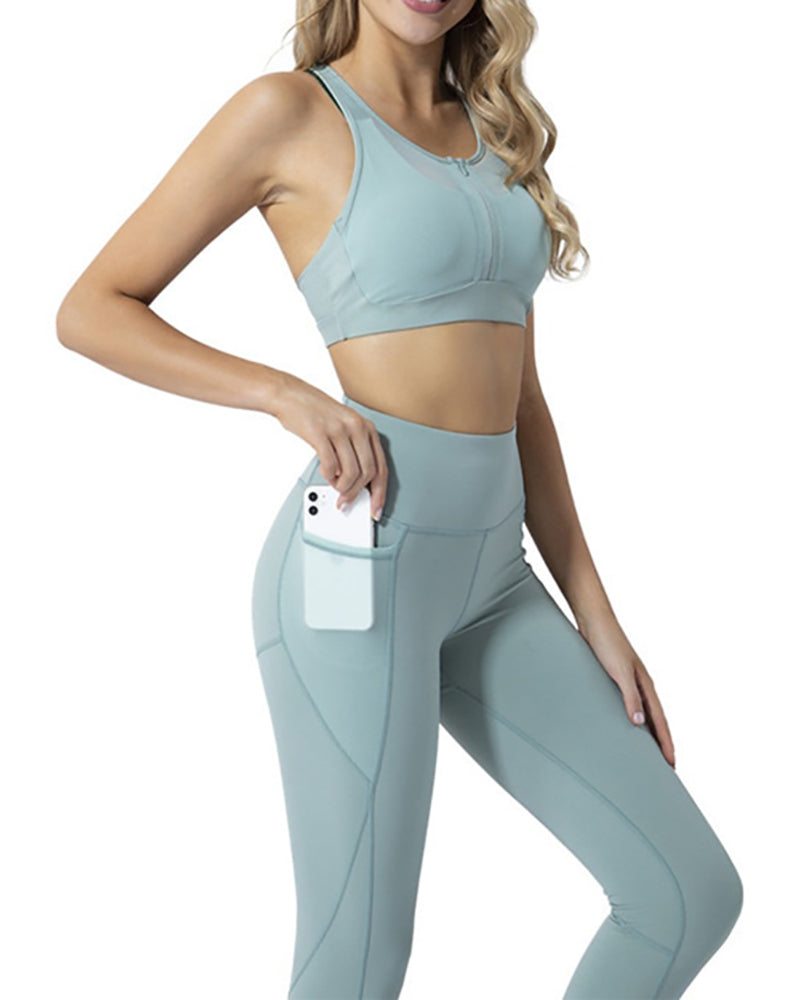 Spring New Fitness Suit Women Front Zipper Patchwork Sports Bra + High Waist Pocket Legging 2 Pcs Yoga Suits Pants Sets
