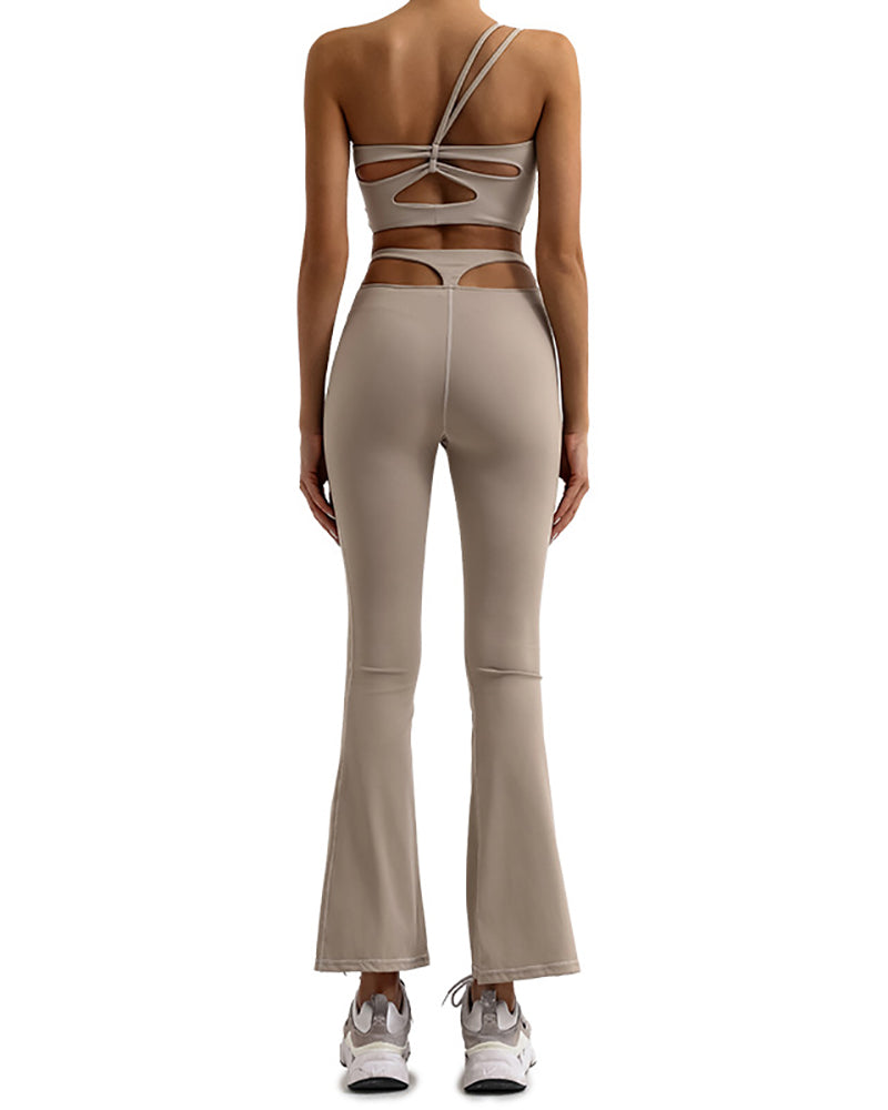 Women One Shoulder Strappy Hollow Out High Waist Wide Leg Pants Yoga Two-piece Sets Orange Khaki White Black S-L