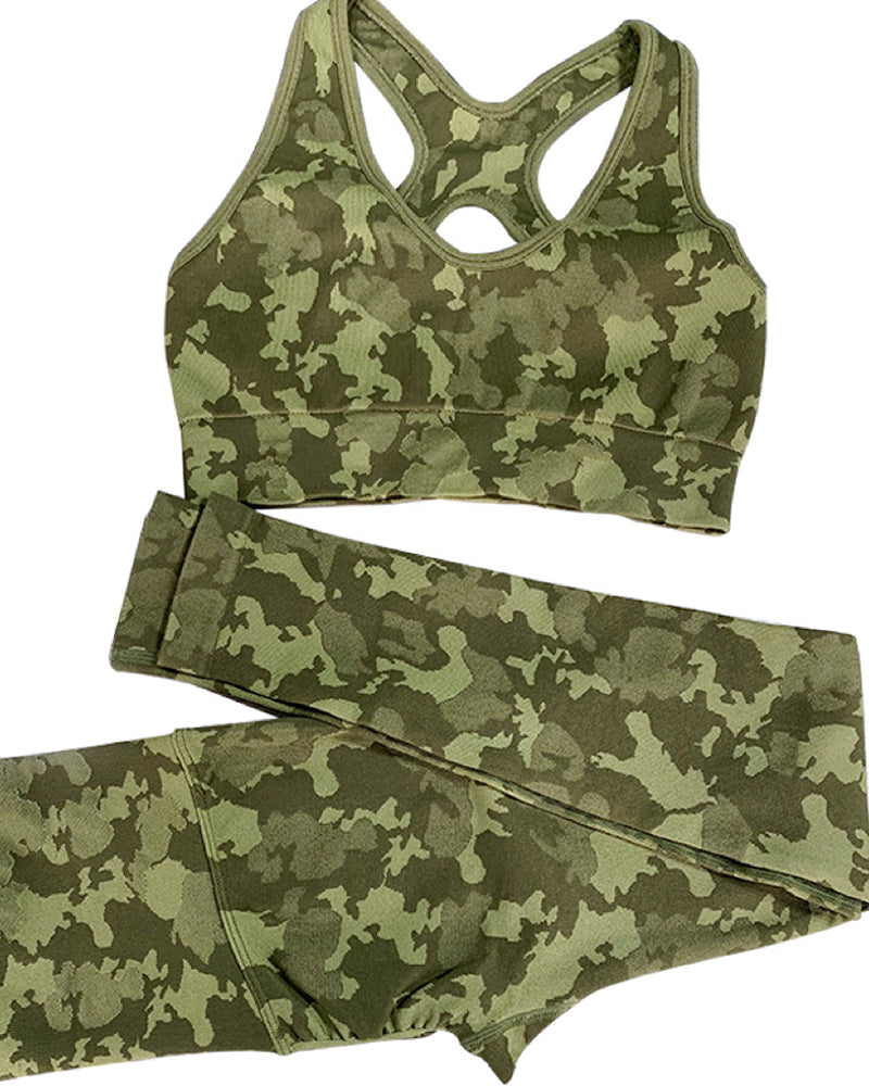 New Popular Seamless Camo Printed Sports Bra Pants Sets Yoga Two-piece Set Pink Green Brown Gray S-L