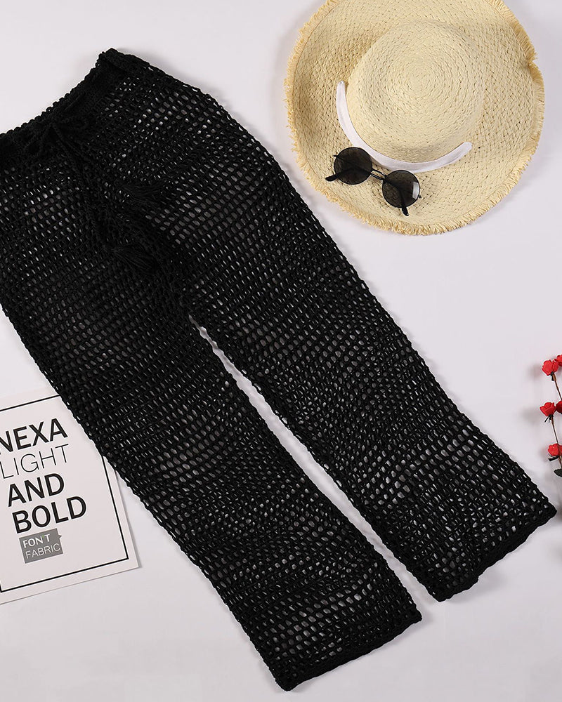 Beach Handmade Crochet Hollow Out Bandage Elastic Waist Shell Pants Sunscreen Fishing Net Trouser OM25994