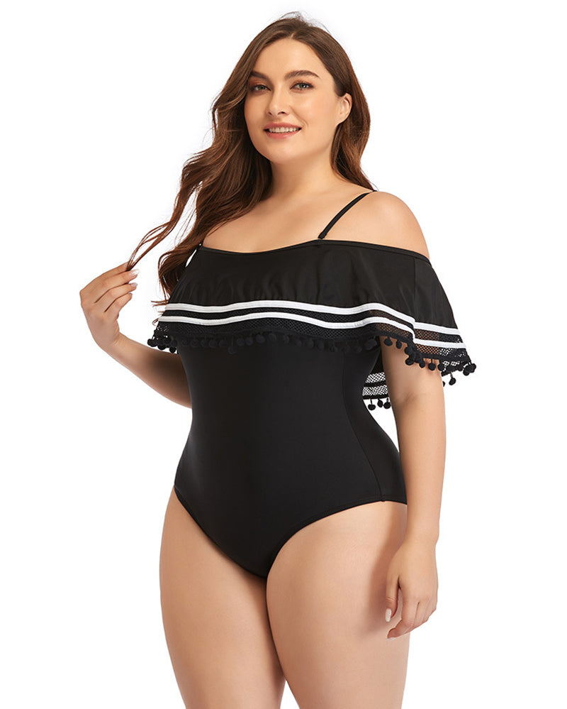 Women Off Shoulder Sexy One Piece Plus Size Swimwear Black L-4XL