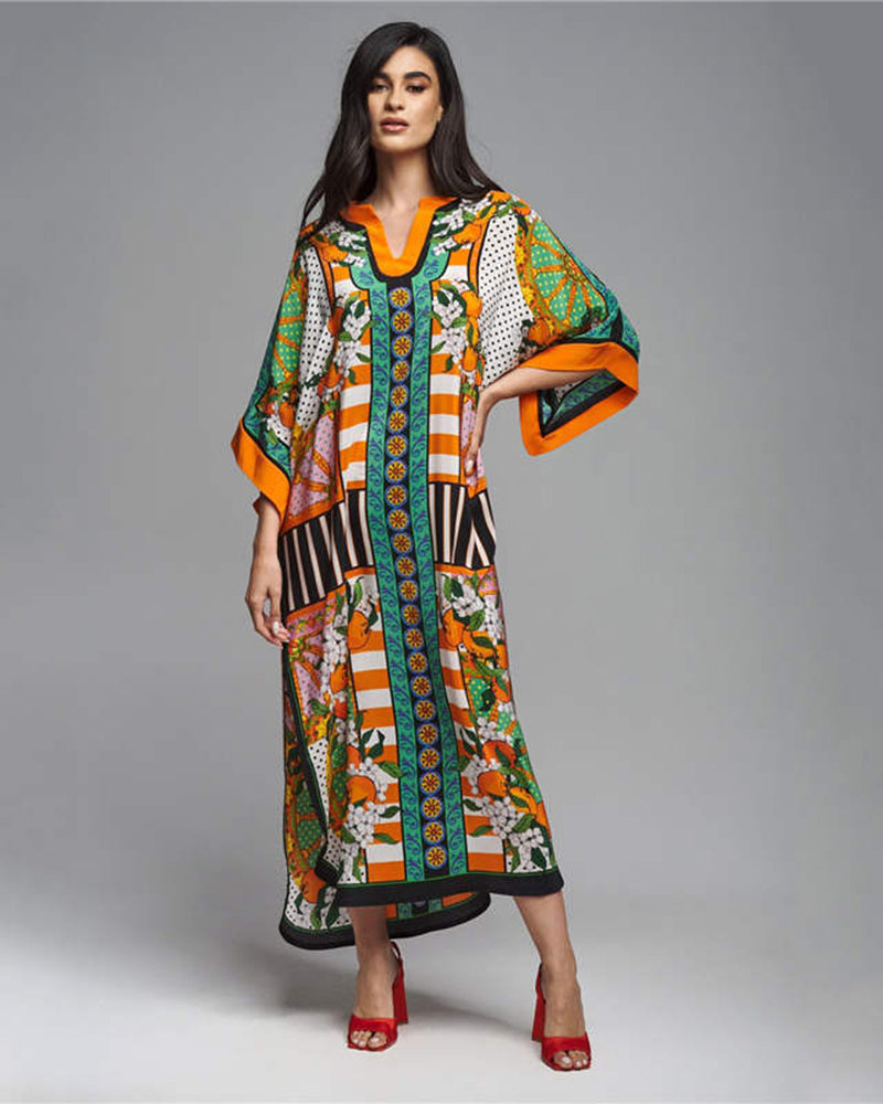 Loose Boho Printed Classy Elegant Beach Cover Ups Orange Blue Yellow Green Black Yellow One Size