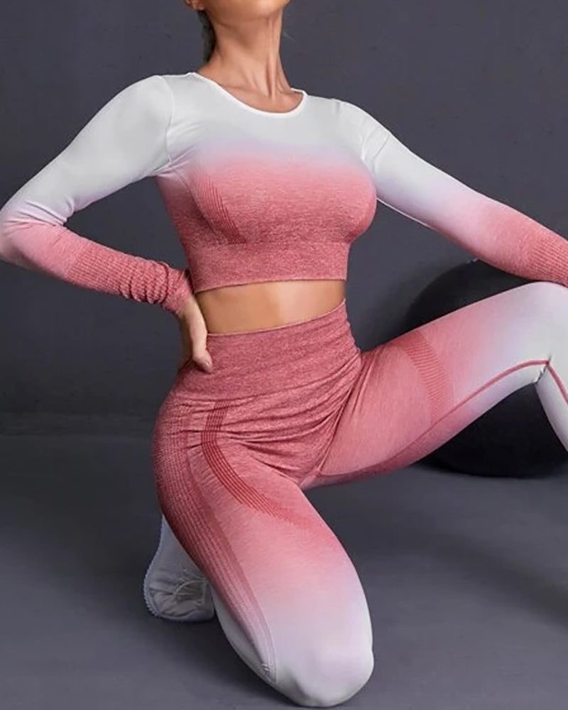 New Women Long Sleeve Gradient Sports Yoga Fitness Two-piece Sets S-L Pants Sets