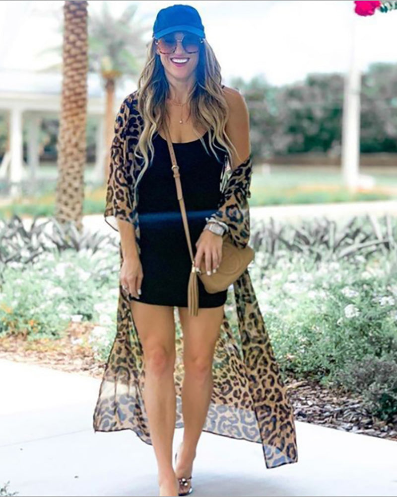 Leopard Printed Women Long Vacation Beach Dress