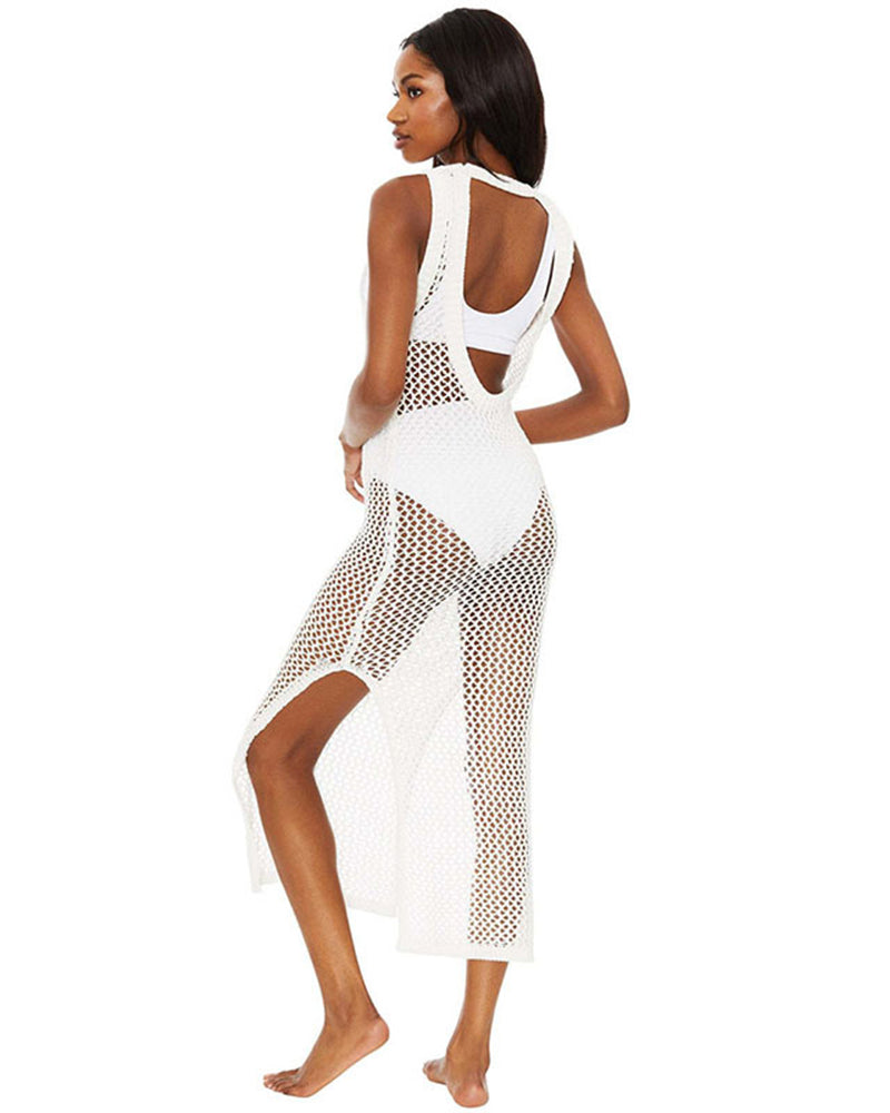 Women Sleeveless Mesh Maxi Sexy Bikini Crochet Stitches Dress White Apricot Black One Size