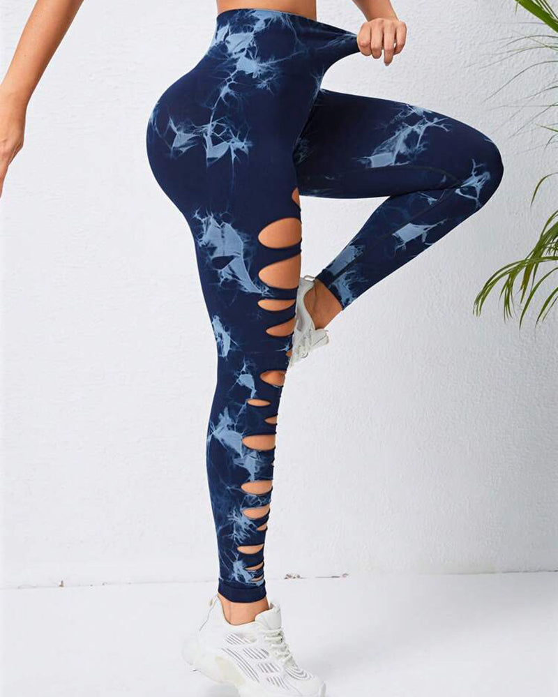 Women Hollow Out Tie Dye Sports Pants Yoga Leggings S-L