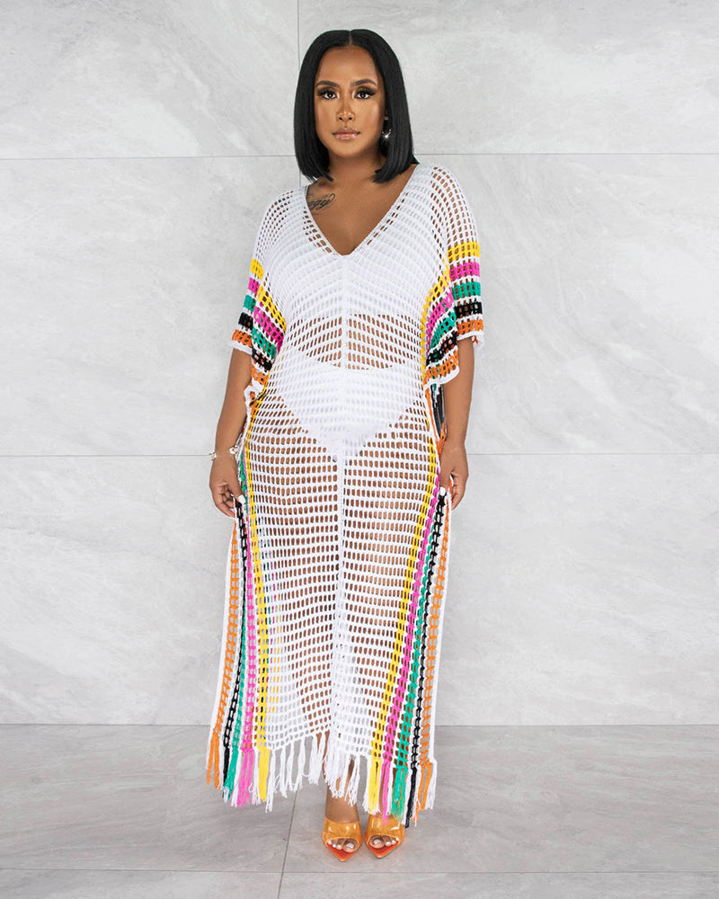 Colorblock Women New Long Beach Dress Knitted Beach Dress