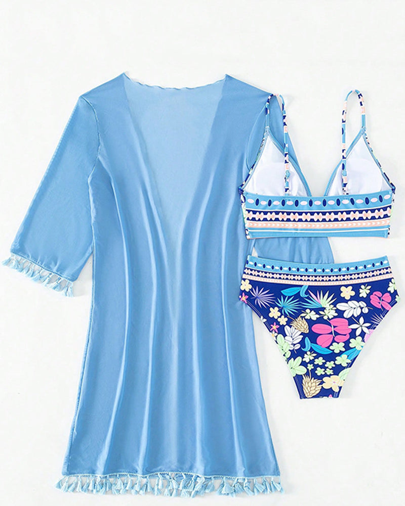 Women Sexy Floral V Neck High Waist Bikini Mesh Cover Three-piece Swimsuit Blue S-XL