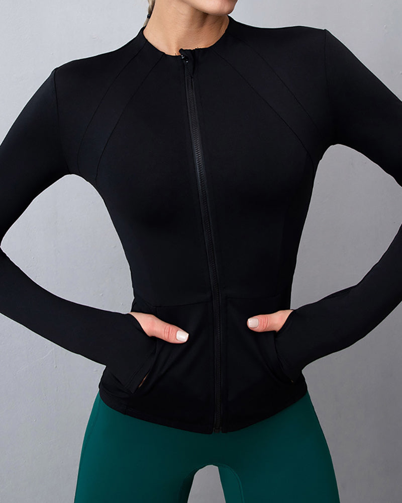 Ladies Fashion Round Neck Workout Long Sleeve Pockets Zipper Tght-Fitting Slimming Sports Fitness Yoga Top S-XL Coat