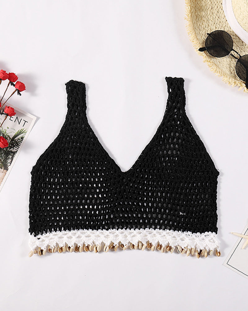 Women Beach Crochet Swimsuit Bra Tassel Sexy Knitted Crop Top Women Hollow out Elastic Camisoles Streetwear Tube Female Tops Vacation OM25979