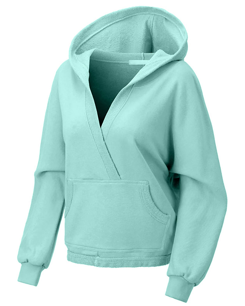 Women Long Sleeve Fitness Casual V-neck Pocket Hoodies Sweatshirt Black Blue Apricot S-L