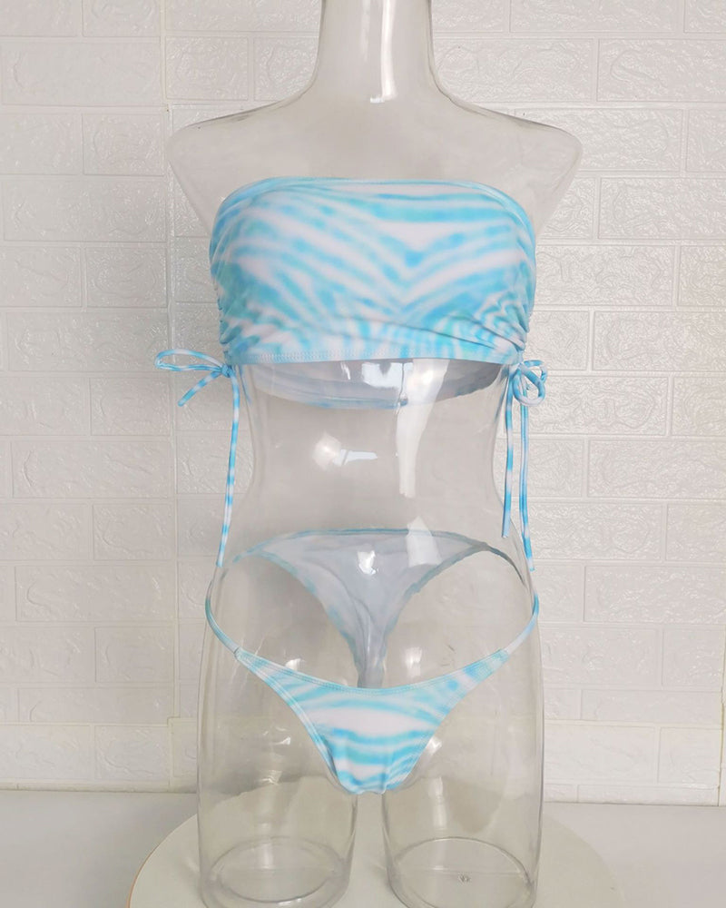 Summer Women High Cut  Tie Side String Two-piece Swimsuit Sexy Bikini Blue S-L