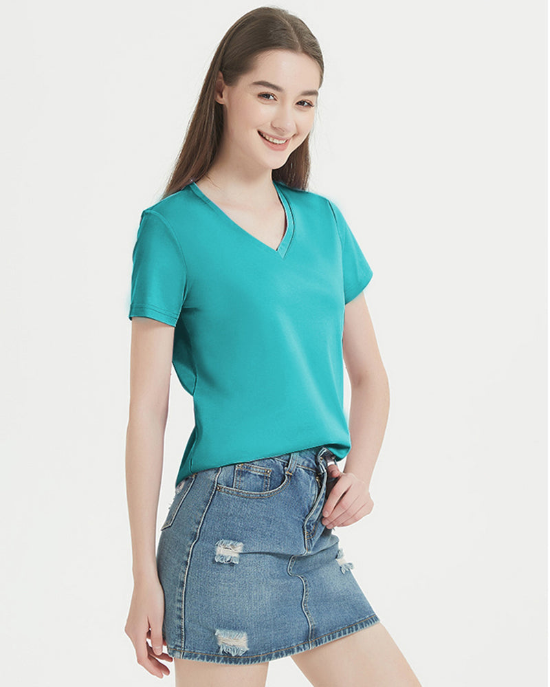 Women V-Neck 170g Cotton Summer Solid Color Basic T-shirt S-3XL