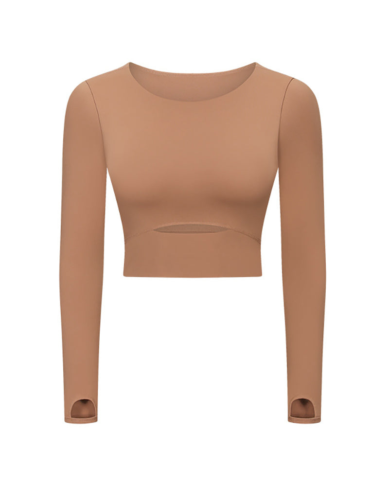 Autumn Women O-neck Solid Color Long Sleeve Running Crop Tpp Yoga Tops 4-12