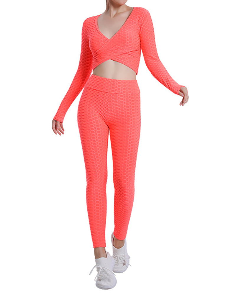 Jacquard Bubble Sexy Cross Long Sleeve Top High Waist Fitness Pants Yoga Suit Set Solid Color S-XXL Pants Sets