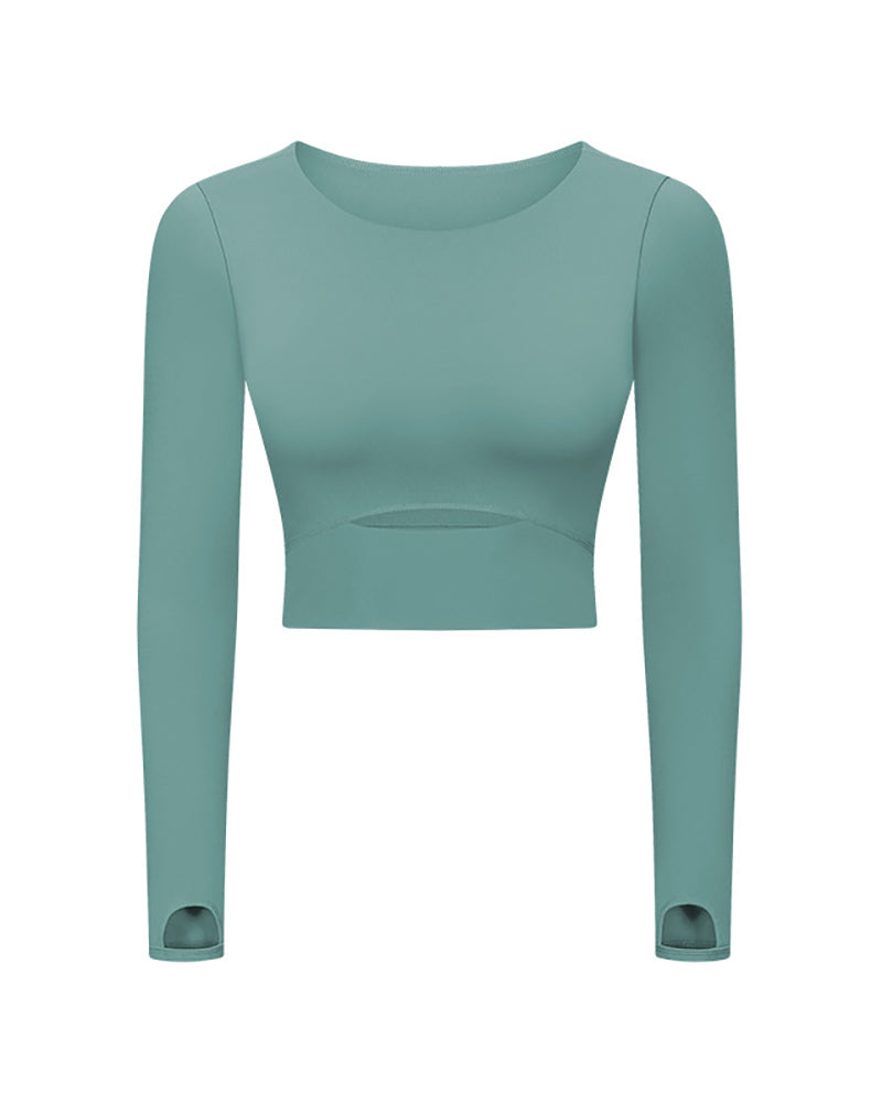 Autumn Women O-neck Solid Color Long Sleeve Running Crop Tpp Yoga Tops 4-12