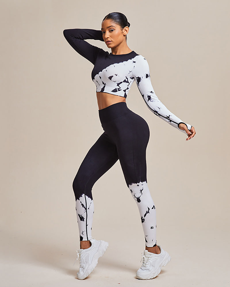 Seamless Long Sleeve Colorblock Sports Tops High Waist Pants Two Pieces Sets Black White S-L