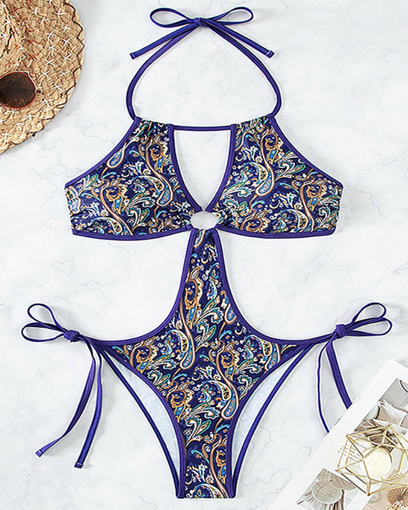 Women Halter Neck Strappy Tie Side Backless Sexy One-piece Swimsuit Purple S-XL