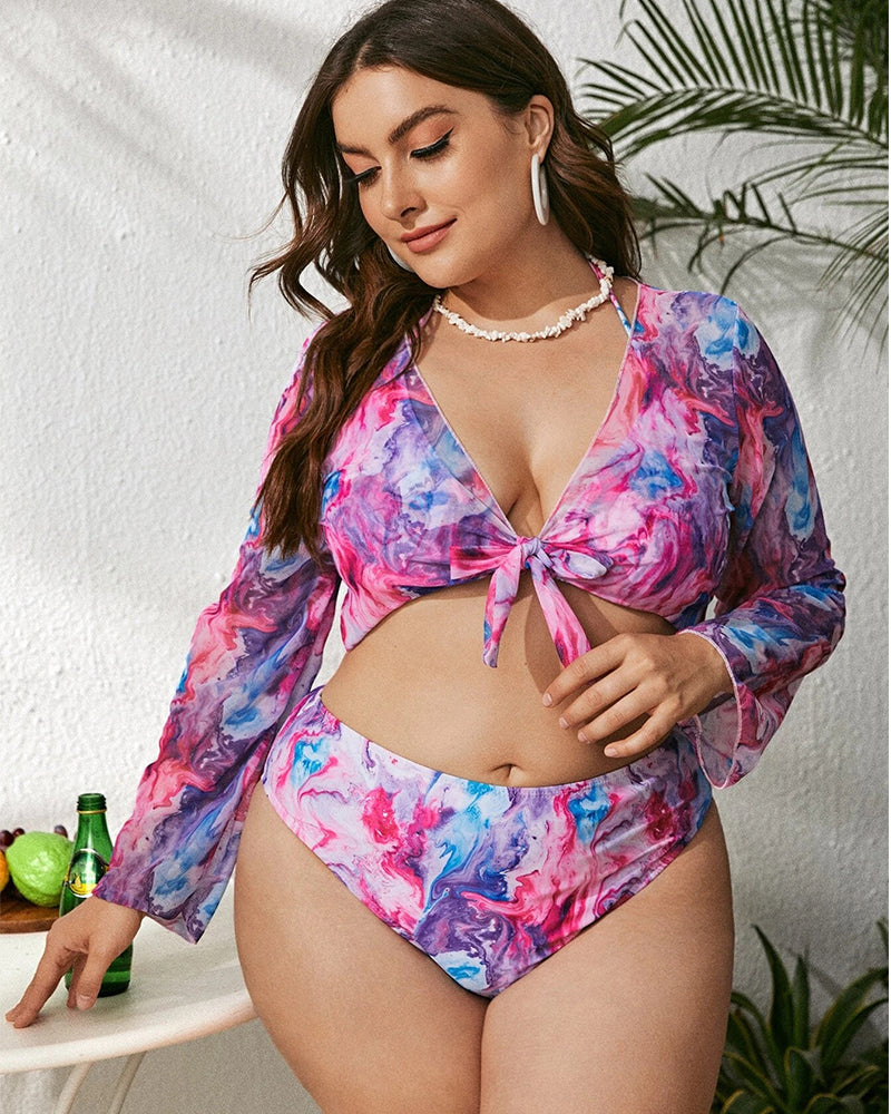 Women Mesh Florals Printing Long Sleeve Cover Halter Neck Sexy Three Pieces Plus Size Swimwear L-4XL