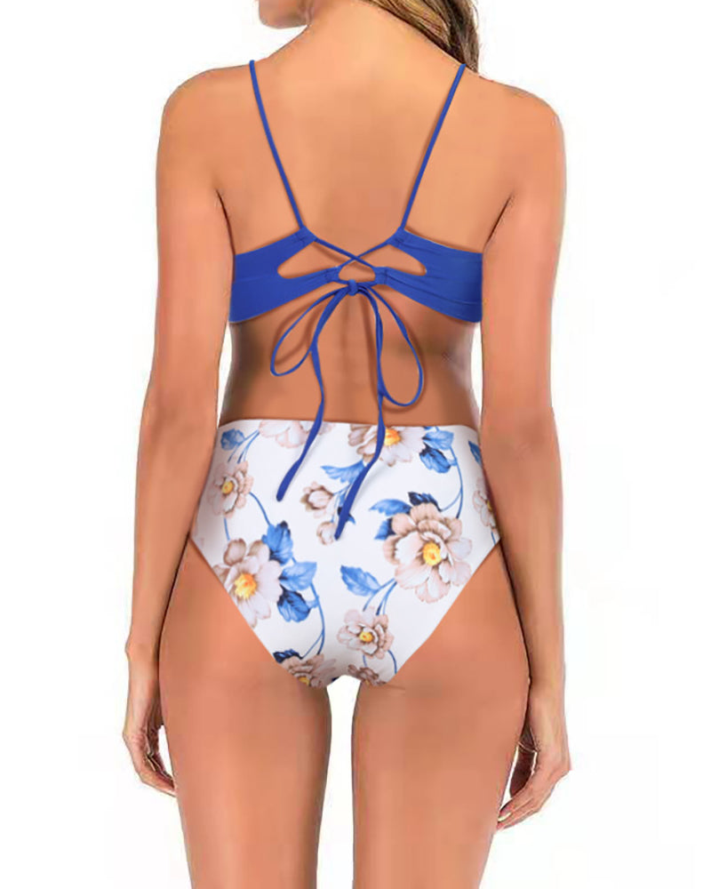 Lady Backless High Waist Two Piece Swimwear Blue Yellow Black S-XL