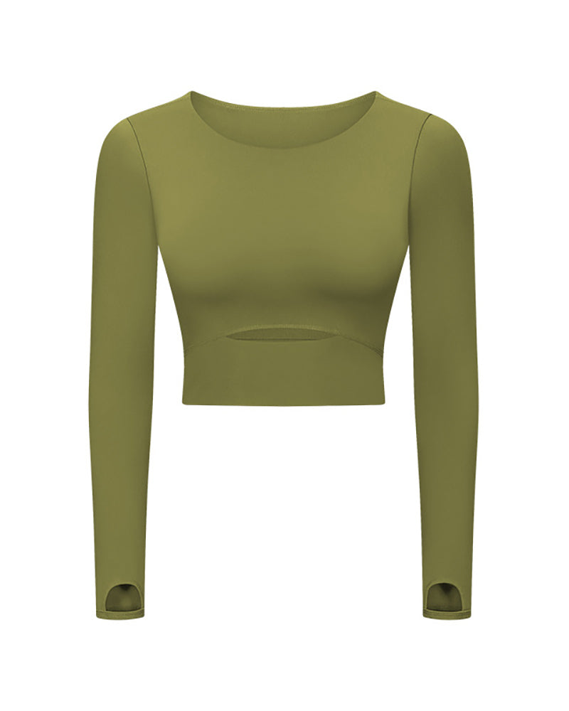 Autumn Women O-neck Solid Color Long Sleeve Running Crop Tpp Yoga Tops 4-12