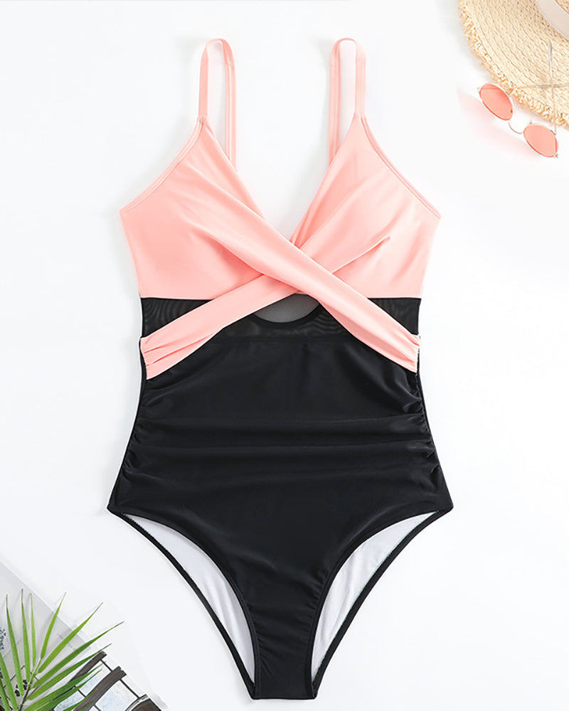 Women Colorblock Hollow Out Cirss Cross One-piece Swimsuit Pink XS-2XL