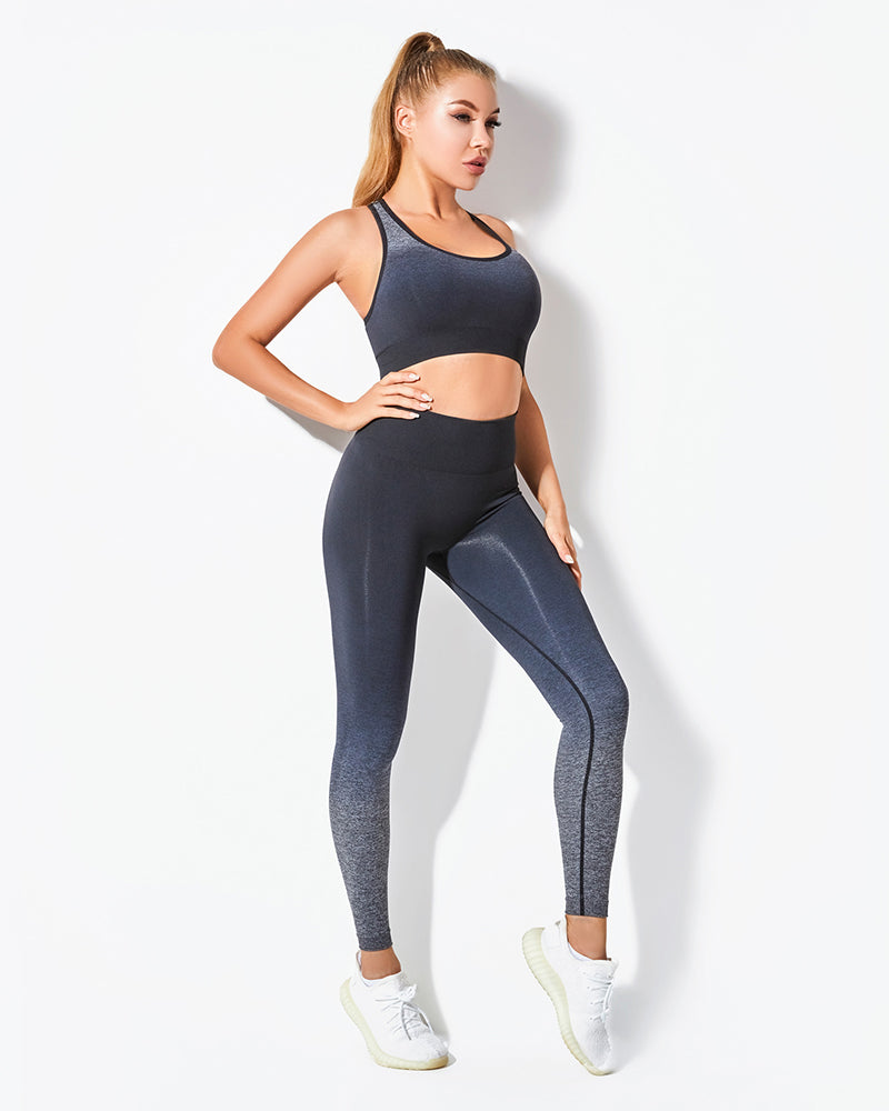 Women Gradation Bra Long Sleeve Top Sports Yoga Two-piece Pants Ses Short Sets Black Pink Purple Blue S-L