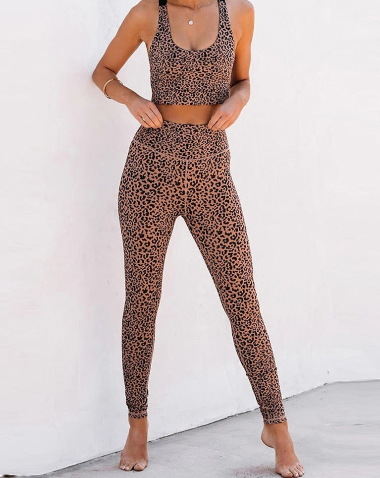 Leopard Print Women Seamless Pants Yoga Set Fitness Sportswear for Women Gym Yoga Suit Sleeveless 2 Piece Yoga Workout Running Clothes OM9269