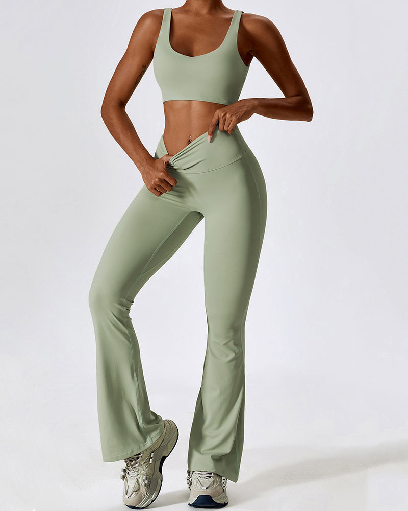 Women Autumn U Neck Bra High Waist Pants Sets Black Brown Green Khaki Apricot S-XL