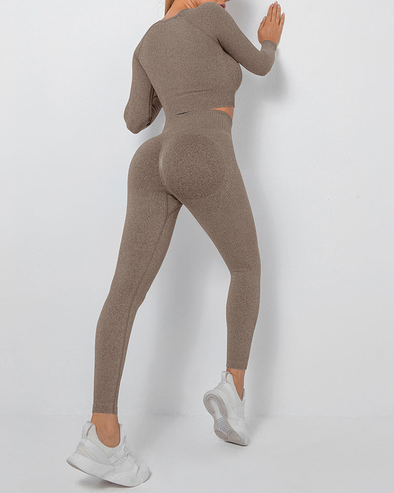 Yoga Seamless Fitness Wear Long Sleeve Sports Suits Two-piece Sets S-L Pants Sets