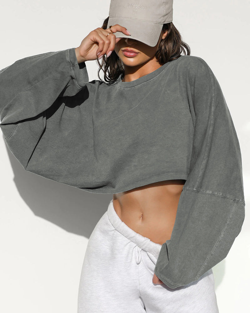 Crew Neck Loose Style Long Sleeve Short Sport Pullover Top S-XL