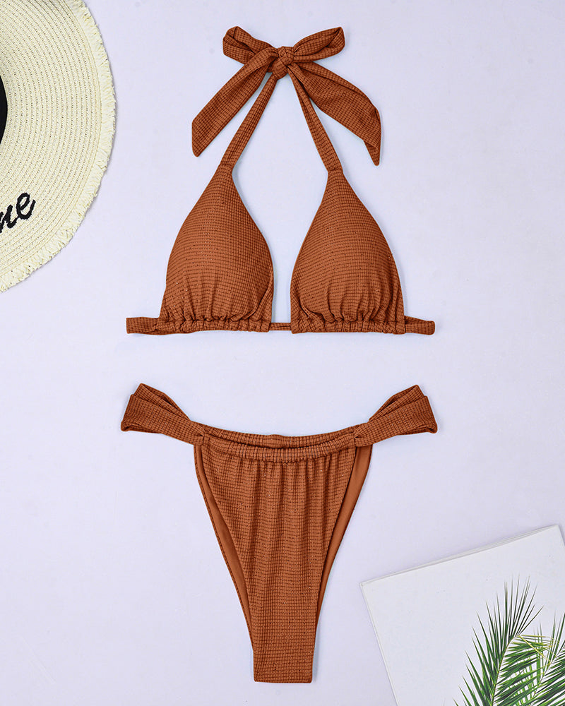 Halter Neck V Neck High Waist Two-piece Swimsuit Bikinis Blue Coffee S-XL