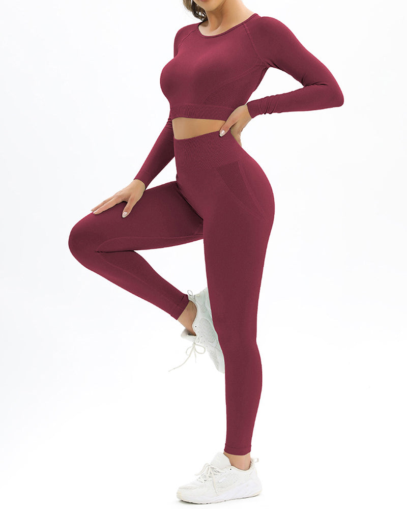 Long Sleeve Solid Color Backless Yoga Two-piece Set S-L Pants Sets