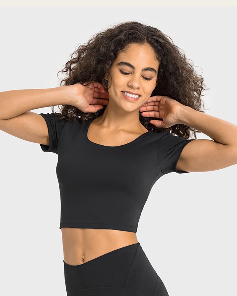 Women Back Ruched O-neck Short Sleeve Crop Top Sports T-shirt(with bra Pad) 4-12