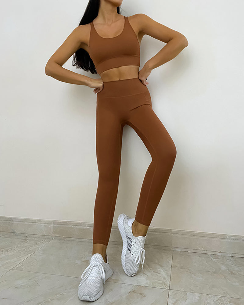 Women Solid Color Criss Thin Straps Back Sports Bra Slim Leggings Active Wear S-XL Pants Sets