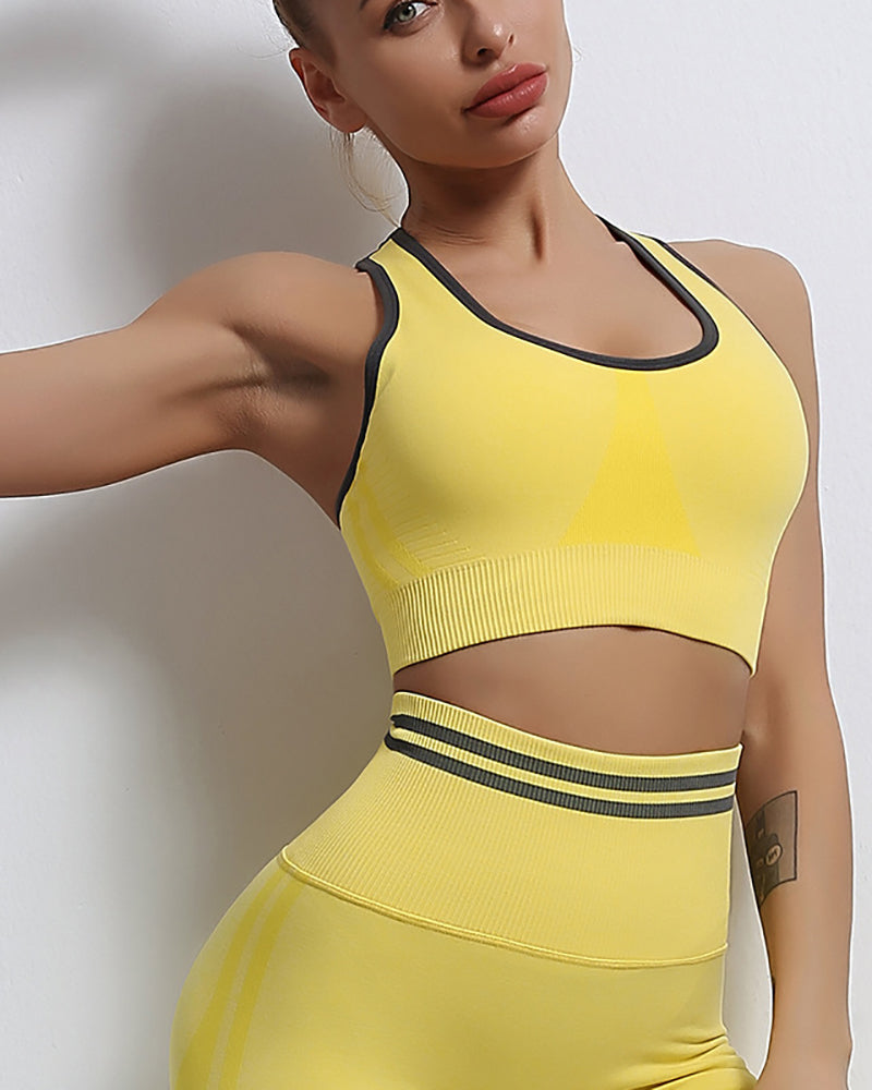 Woman Seamless Knitted Beauty Back High Waist Peach Hip Sports Running Two-Piece Yoga Suit S-L