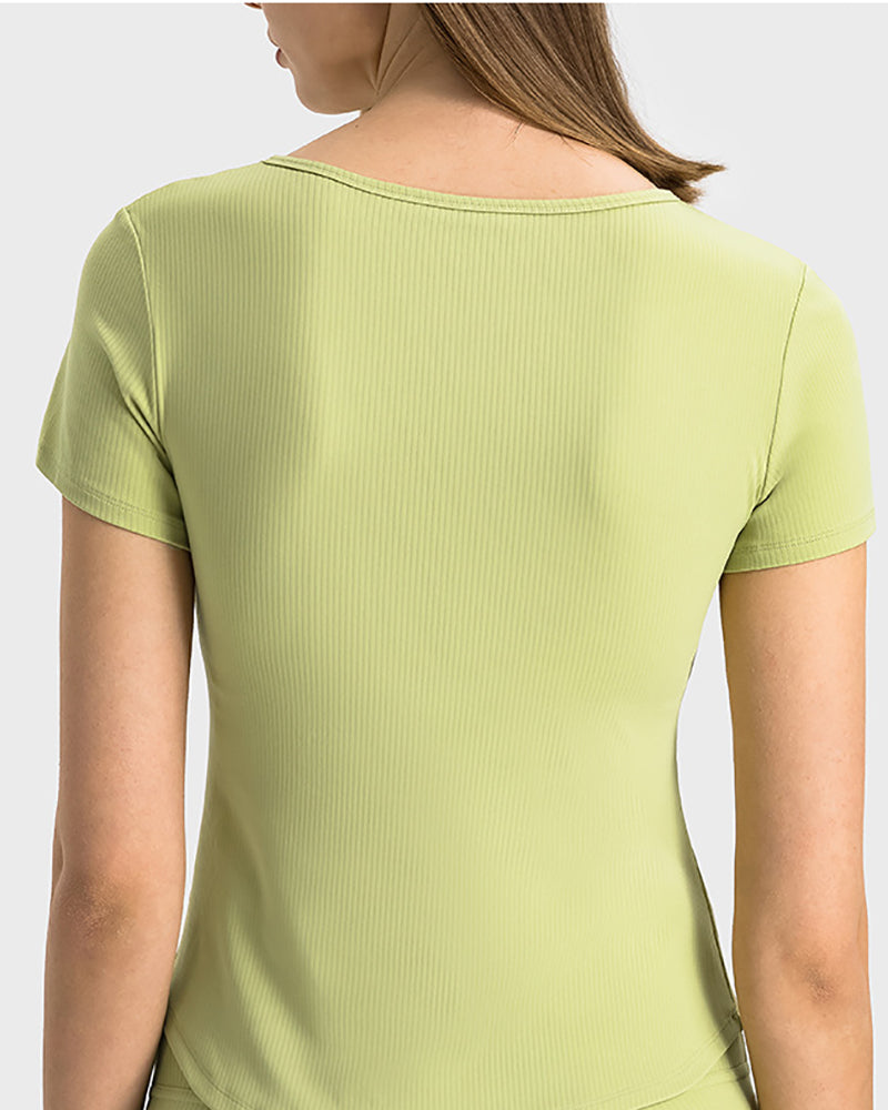 Women V-Neck Ruched Solid Color Short Sleeve Slim Yoga Tops 4-12